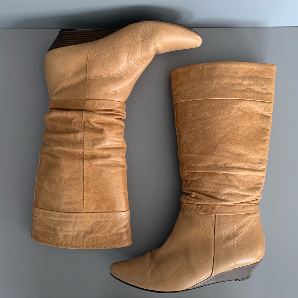 Aldo Tall Leather Pull On Slouchy Paneled Wedge Boot Brown 8.5